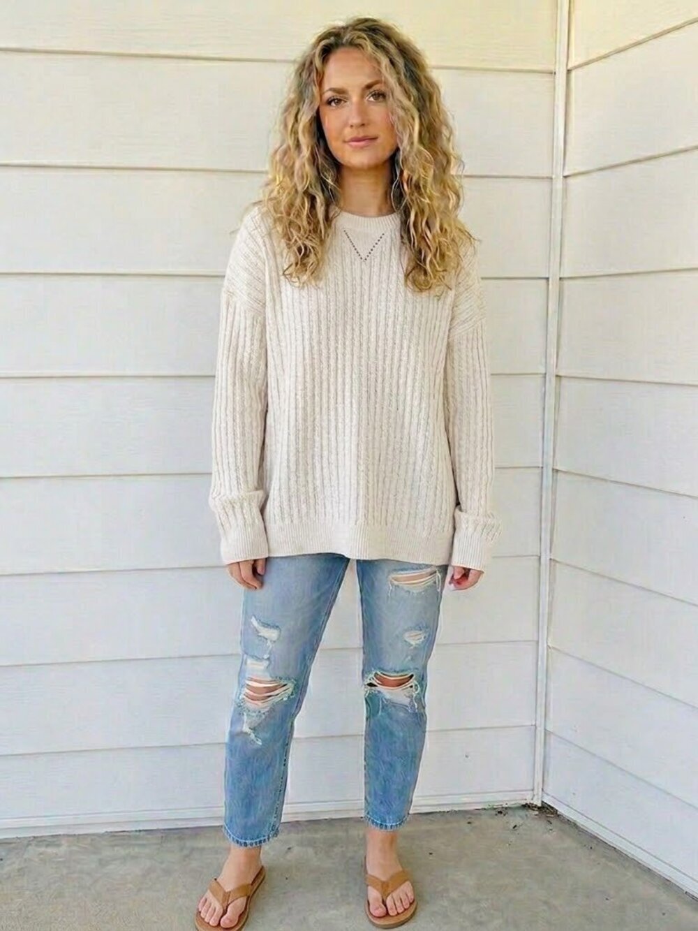 Denver Hayes Cable Knit Pullover Sweater Ivory Size Small Casual Boho Western